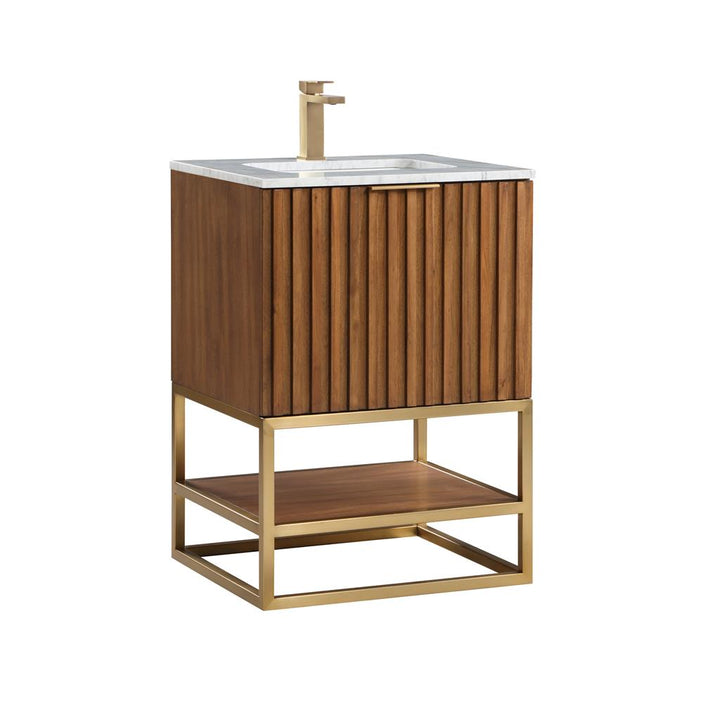 Bemma, Terra 24" Single Vanity, Walnut/Satin Brass, Carrara Marble Top#top-options_carrara-marble-top