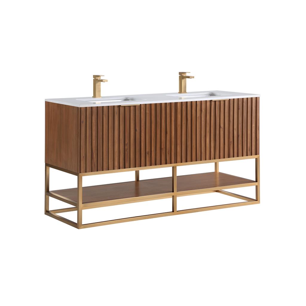 Bemma, Terra 60" Double Vanity, Walnut/Satin Brass, White Quartz Top#top-options_white-quartz-top