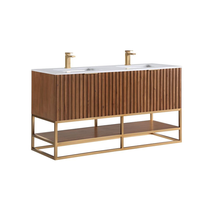 Bemma, Terra 60" Double Vanity, Walnut/Satin Brass, White Quartz Top#top-options_white-quartz-top