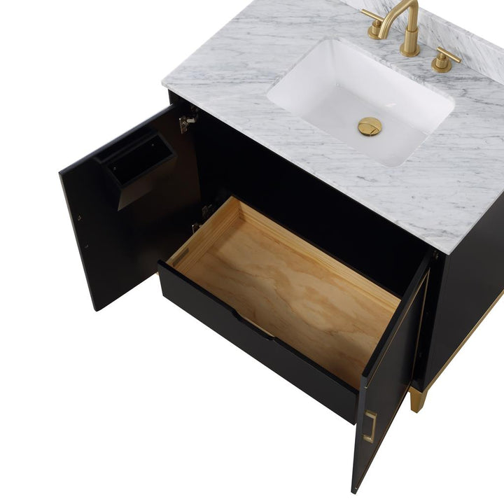 Bemma, Gracie 36" Single Vanity, Midnight Black/Satin Brass, Carrara Marble Top#top-options_carrara-marble-top