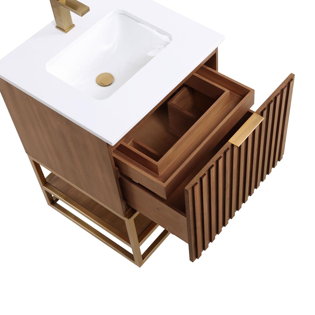 Bemma, Terra 24" Single Vanity, Walnut/Satin Brass, White Quartz Top#top-options_white-quartz-top