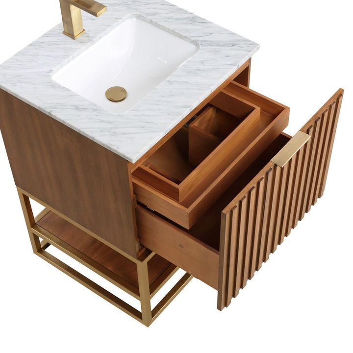 Bemma, Terra 24" Single Vanity, Walnut/Satin Brass, Carrara Marble Top#top-options_carrara-marble-top