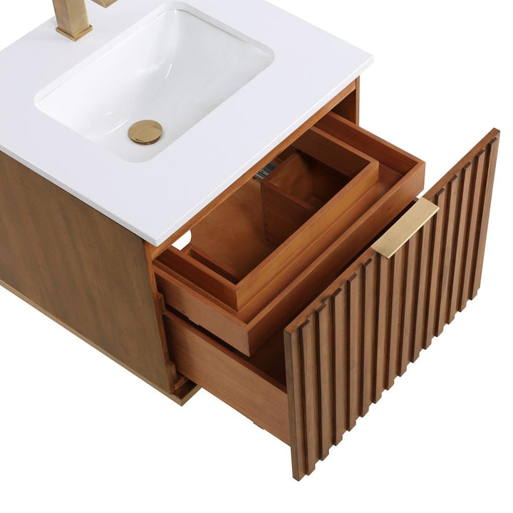 Bemma, Terra 24" Single Floating Vanity, Walnut/Satin Brass, White Quartz Top#top-options_white-quartz-top