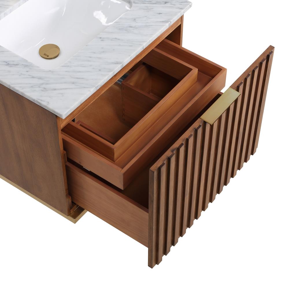 Bemma, Terra 24" Single Floating Vanity, Walnut/Satin Brass, Carrara Marble Top#top-options_carrara-marble-top