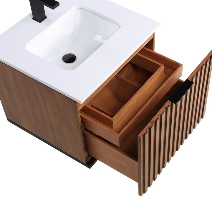 Bemma, Terra 24" Single Floating Vanity, Walnut/Matte Black, White Quartz Top#top-options_white-quartz-top