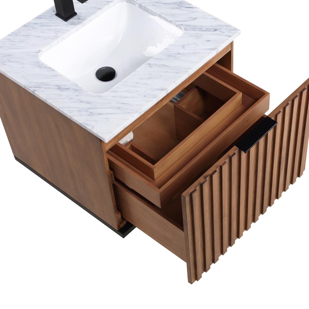 Bemma, Terra 24" Single Floating Vanity, Walnut/Matte Black, Carrara Marble Top#top-options_carrara-marble-top