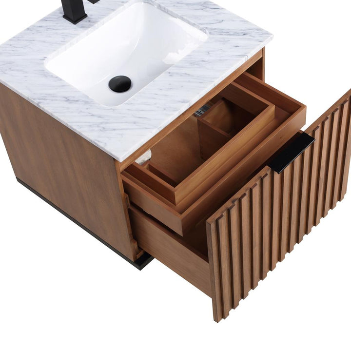 Bemma, Terra 24" Single Floating Vanity, Walnut/Matte Black, Carrara Marble Top#top-options_carrara-marble-top