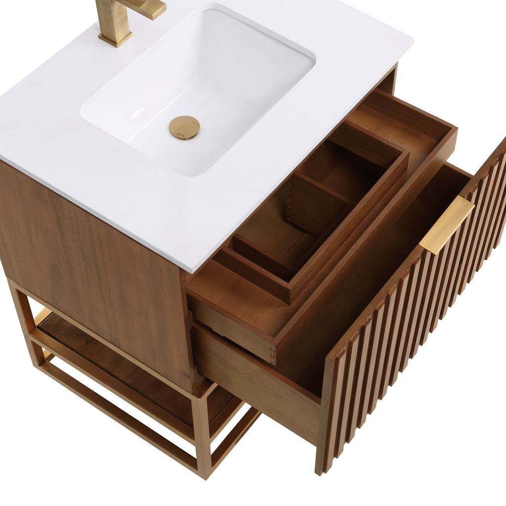 Bemma, Terra 30" Single Vanity, Walnut/Satin Brass, White Quartz Top#top-options_white-quartz-top