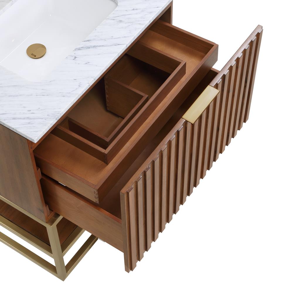 Bemma, Terra 30" Single Vanity, Walnut/Satin Brass, Carrara Marble Top#top-options_carrara-marble-top