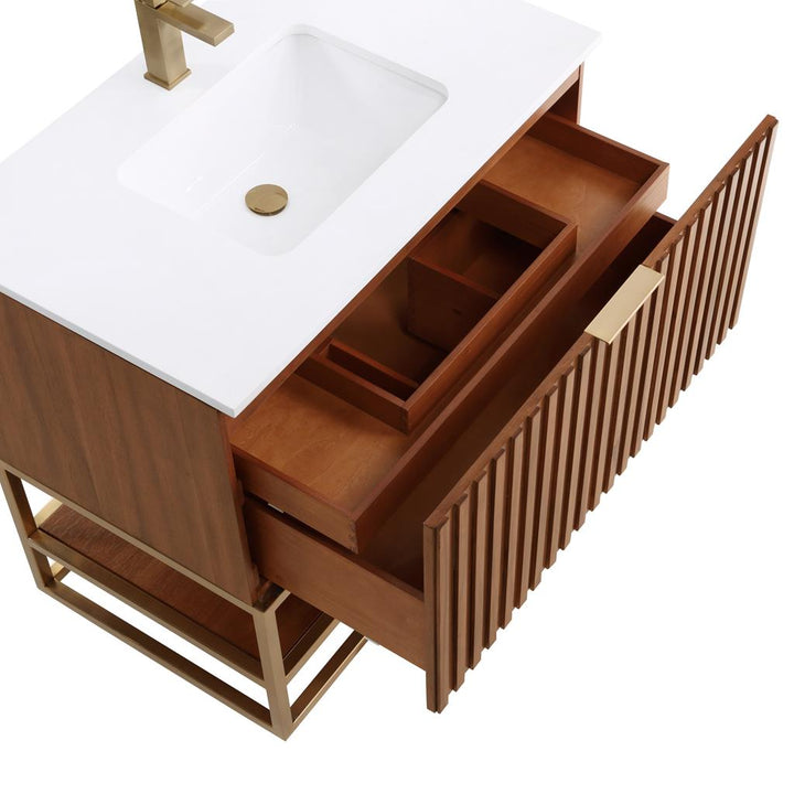 Bemma, Terra 36" Single Vanity, Walnut/Satin Brass, White Quartz Top#top-options_white-quartz-top