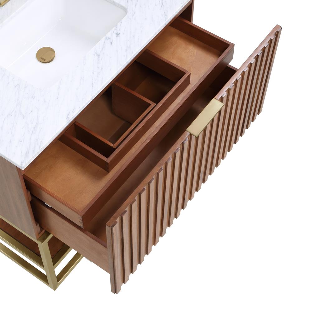 Bemma, Terra 36" Single Vanity, Walnut/Satin Brass, Carrara Marble Top#top-options_carrara-marble-top