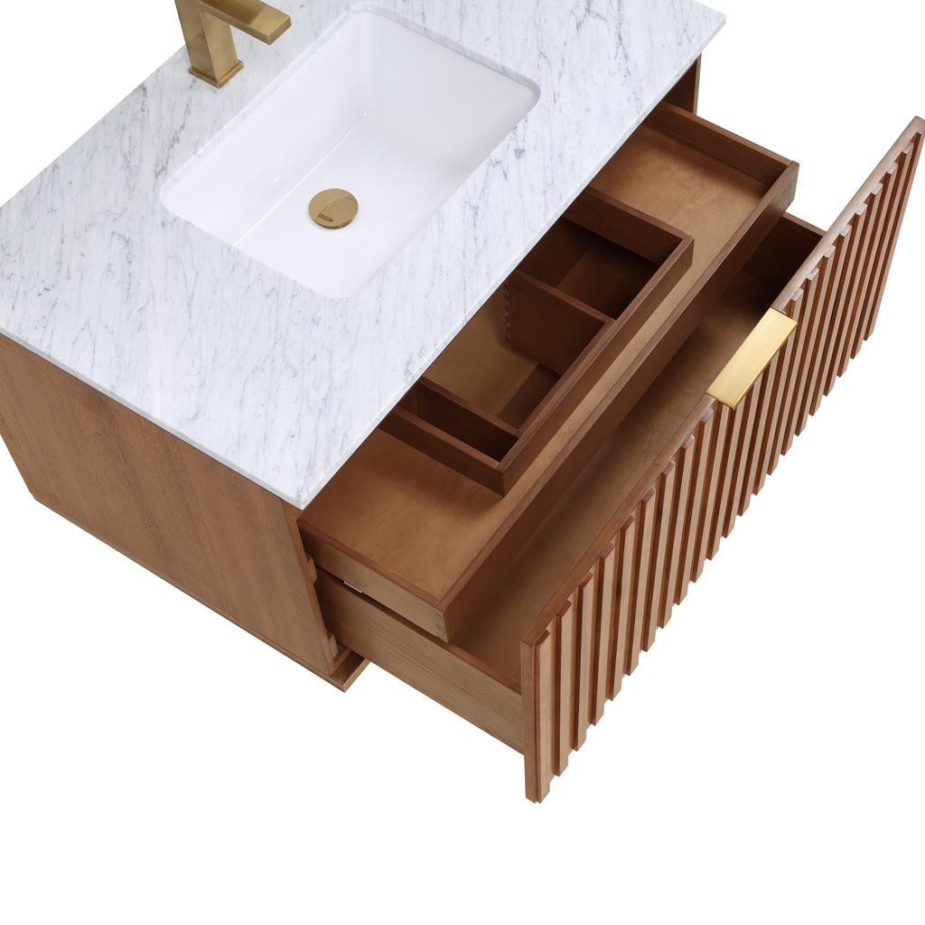 Bemma, Terra 36" Single Floating Vanity, Walnut/Satin Brass, Carrara Marble Top#top-options_carrara-marble-top