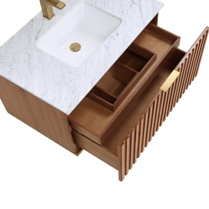 Bemma, Terra 36" Single Floating Vanity, Walnut/Satin Brass, Carrara Marble Top#top-options_carrara-marble-top