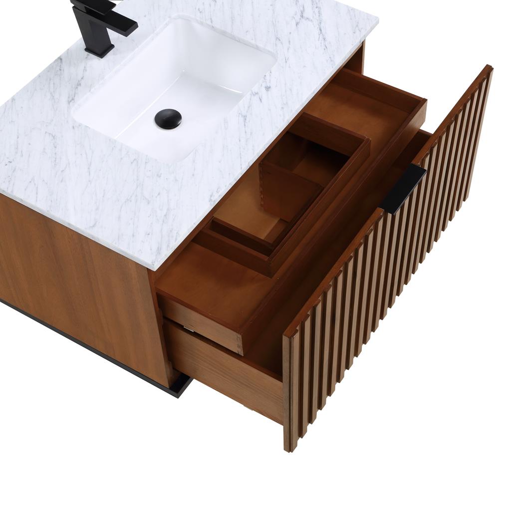 Bemma, Terra 36" Single Floating Vanity, Walnut/Matte Black, Carrara Marble Top#top-options_carrara-marble-top