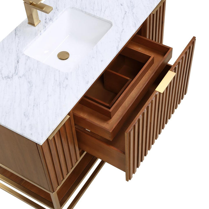 Bemma, Terra 48" Single Vanity, Walnut/Satin Brass, Carrara Marble Top#top-options_carrara-marble-top