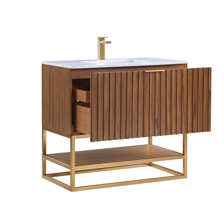 Bemma, Terra 36" Single Vanity, Walnut/Satin Brass, Carrara Marble Top#top-options_carrara-marble-top