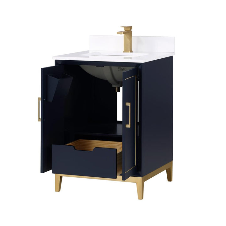Bemma, Gracie 24" Single Vanity, Pacific Blue/Satin Brass, White Quartz Top#top-options_white-quartz-top