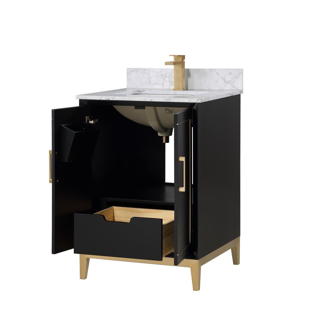 Bemma, Gracie 24" Single Vanity, Midnight Black/Satin Brass, Carrara Marble Top#top-options_carrara-marble-top