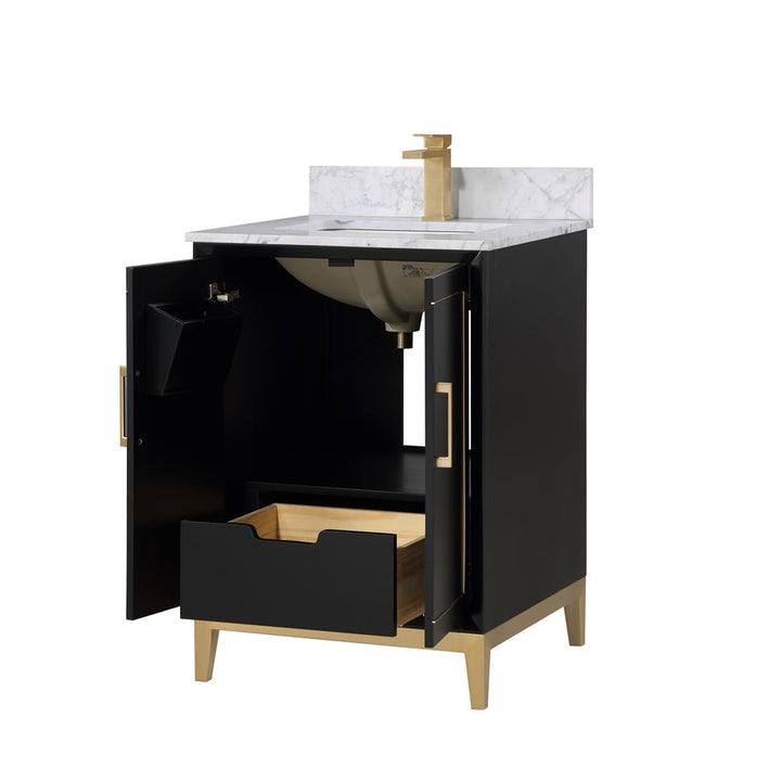 Bemma, Gracie 24" Single Vanity, Midnight Black/Satin Brass, Carrara Marble Top#top-options_carrara-marble-top