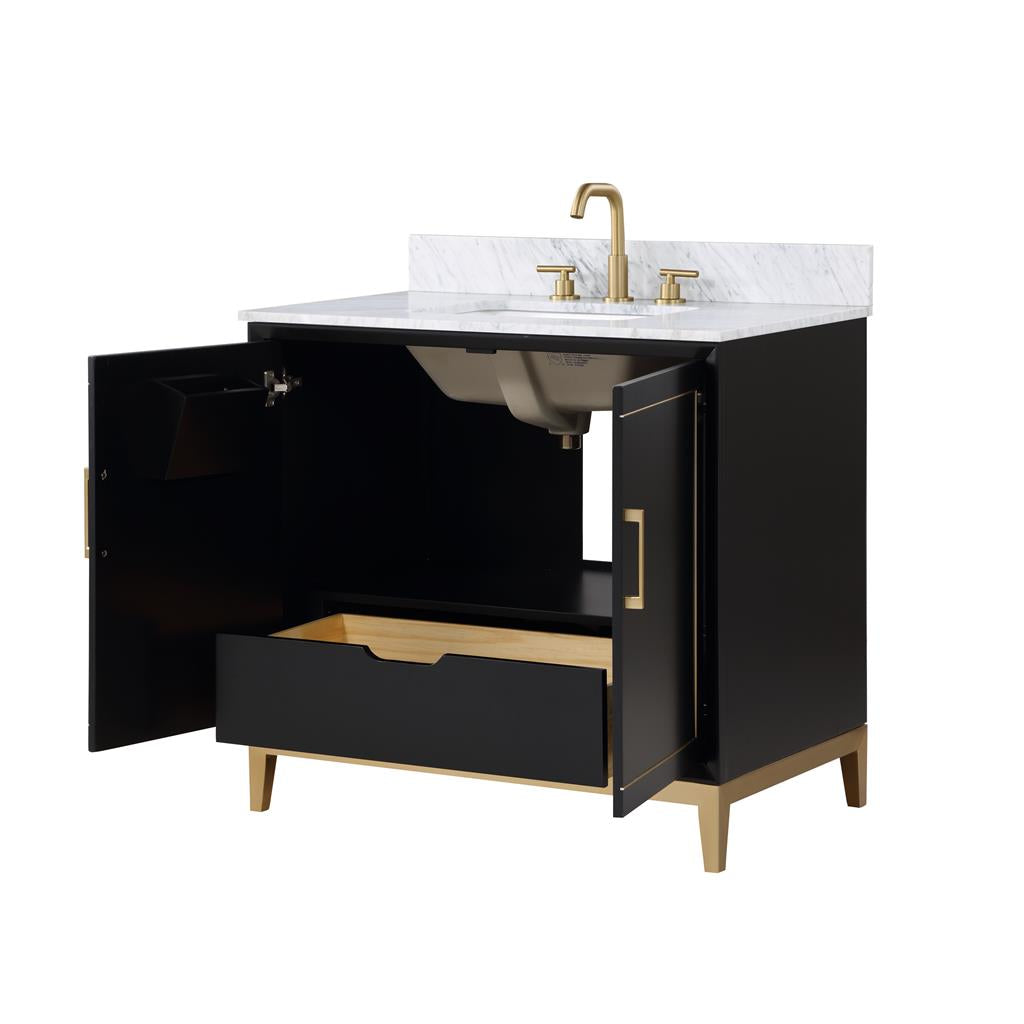 Bemma, Gracie 36" Single Vanity, Midnight Black/Satin Brass, Carrara Marble Top#top-options_carrara-marble-top