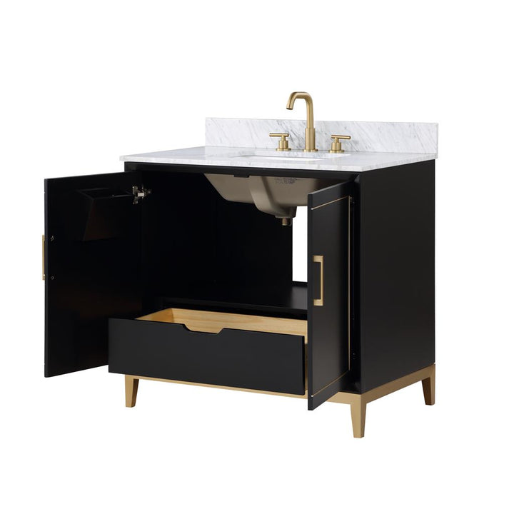 Bemma, Gracie 36" Single Vanity, Midnight Black/Satin Brass, Carrara Marble Top#top-options_carrara-marble-top