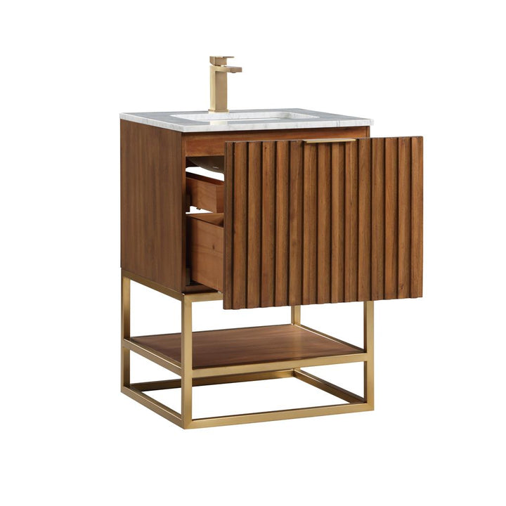 Bemma, Terra 24" Single Vanity, Walnut/Satin Brass, Carrara Marble Top#top-options_carrara-marble-top
