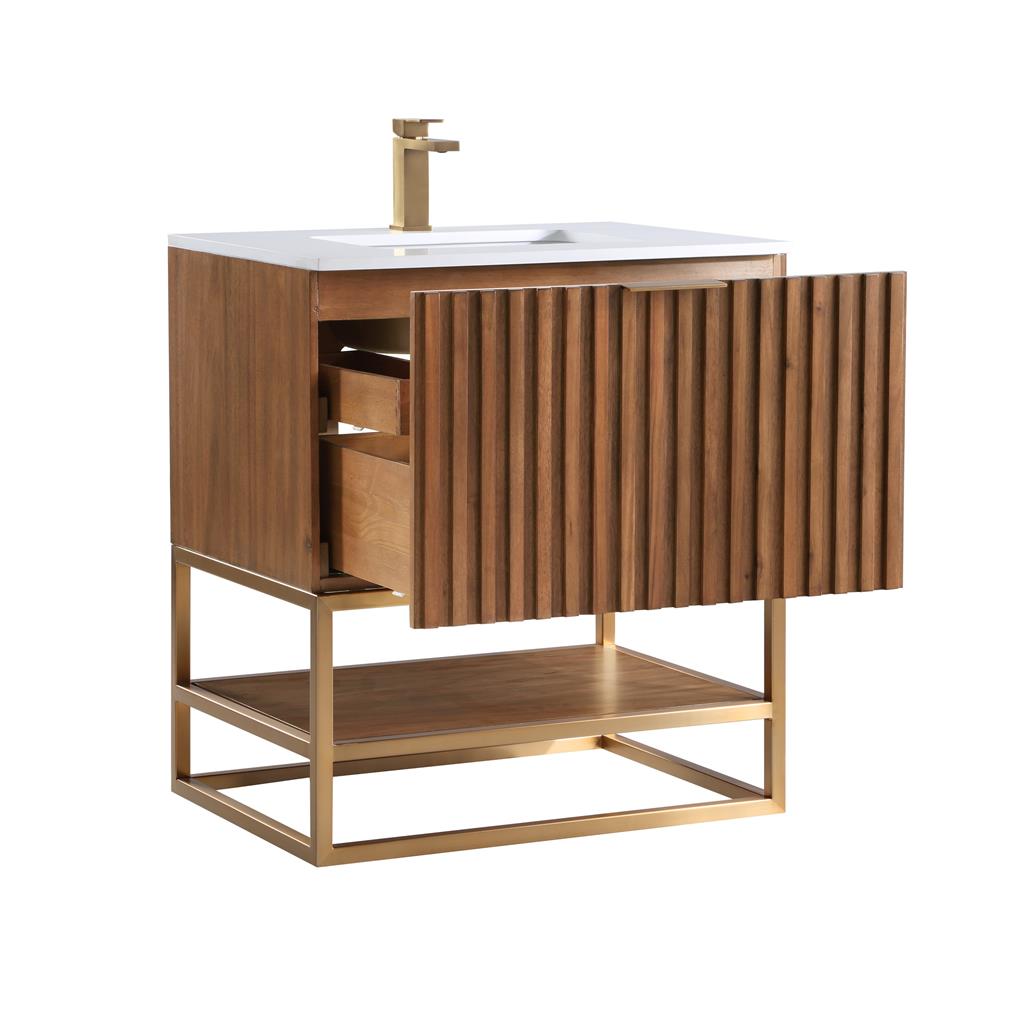 Bemma, Terra 30" Single Vanity, Walnut/Satin Brass, White Quartz Top#top-options_white-quartz-top
