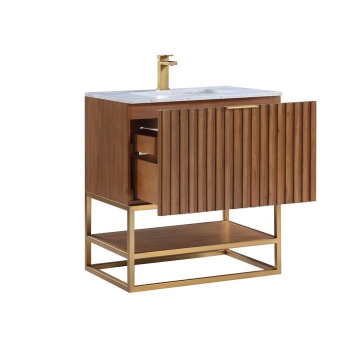 Bemma, Terra 30" Single Vanity, Walnut/Satin Brass, Carrara Marble Top#top-options_carrara-marble-top