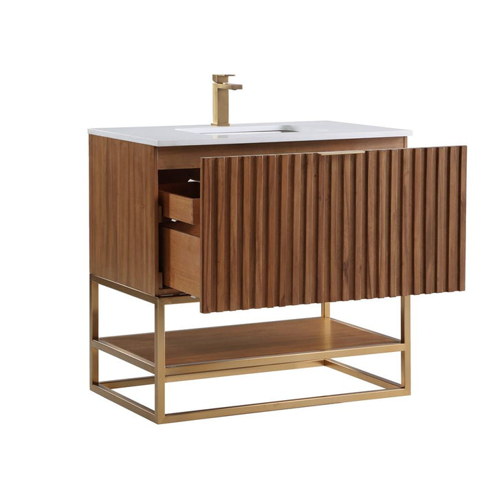 Bemma, Terra 36" Single Vanity, Walnut/Satin Brass, White Quartz Top#top-options_white-quartz-top