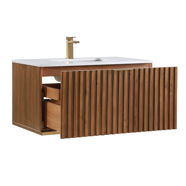 Bemma, Terra 36" Single Floating Vanity, Walnut/Satin Brass, White Quartz Top#top-options_white-quartz-top