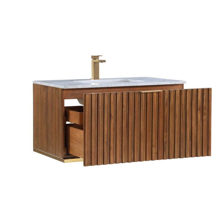 Bemma, Terra 36" Single Floating Vanity, Walnut/Satin Brass, Carrara Marble Top#top-options_carrara-marble-top