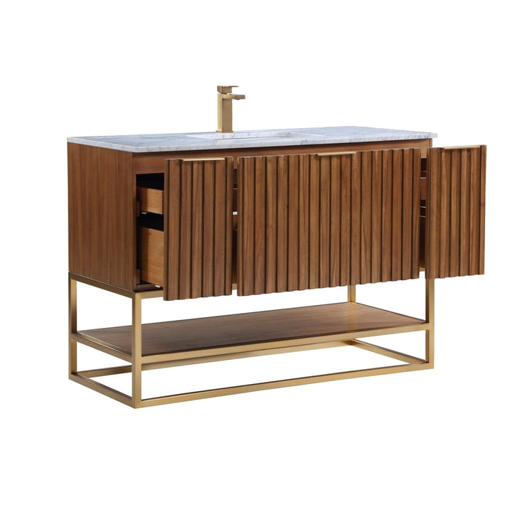 Bemma, Terra 48" Single Vanity, Walnut/Satin Brass, Carrara Marble Top#top-options_carrara-marble-top