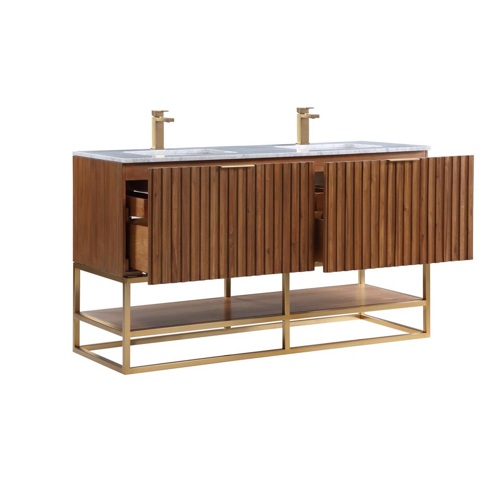 Bemma, Terra 60" Double Vanity, Walnut/Satin Brass, Carrara Marble Top#top-options_carrara-marble-top