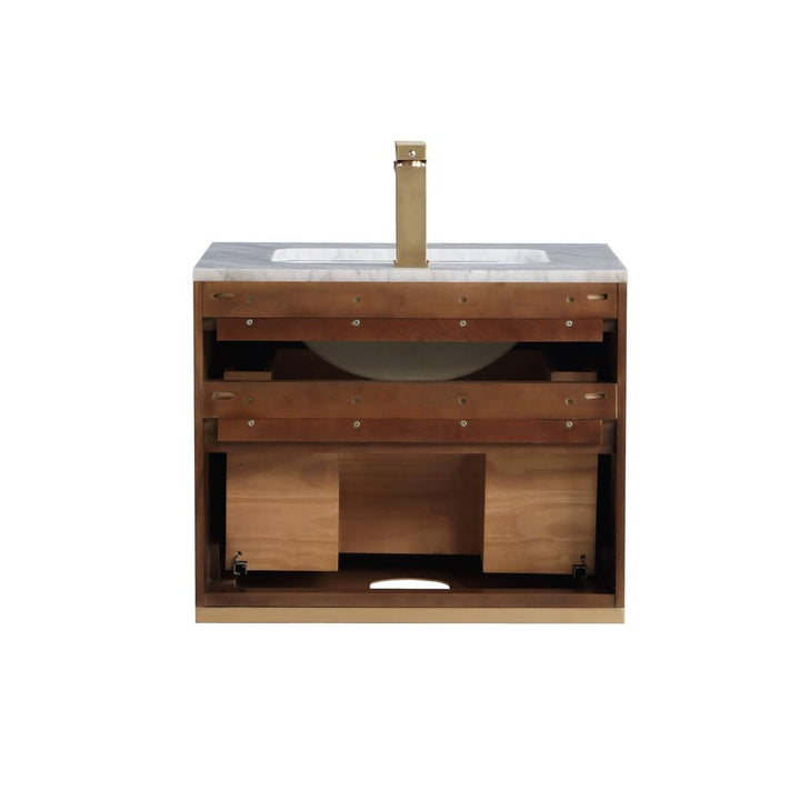 Bemma, Terra 24" Single Floating Vanity, Walnut/Satin Brass, Carrara Marble Top#top-options_carrara-marble-top