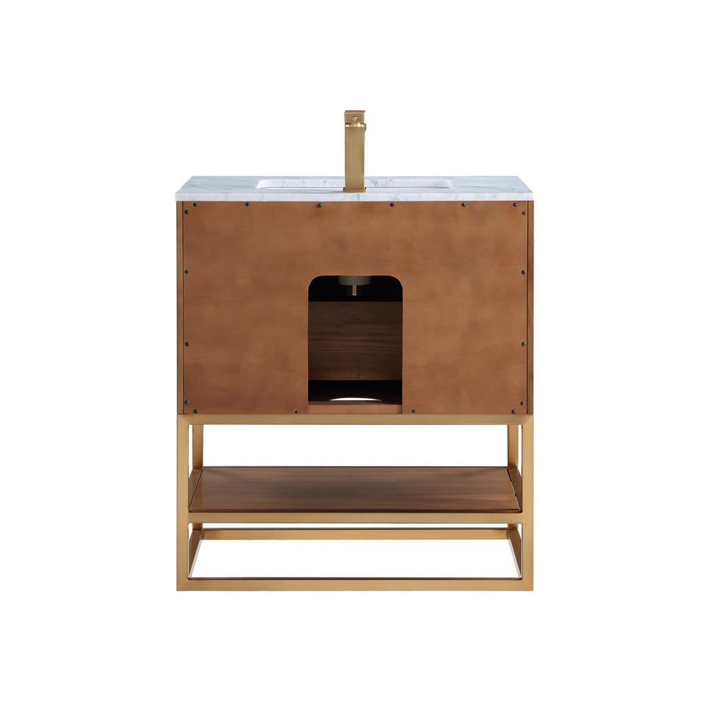 Bemma, Terra 30" Single Vanity, Walnut/Satin Brass, Carrara Marble Top#top-options_carrara-marble-top