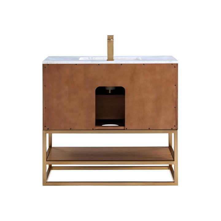 Bemma, Terra 36" Single Vanity, Walnut/Satin Brass, Carrara Marble Top#top-options_carrara-marble-top
