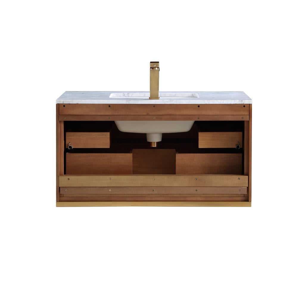 Bemma, Terra 36" Single Floating Vanity, Walnut/Satin Brass, Carrara Marble Top#top-options_carrara-marble-top