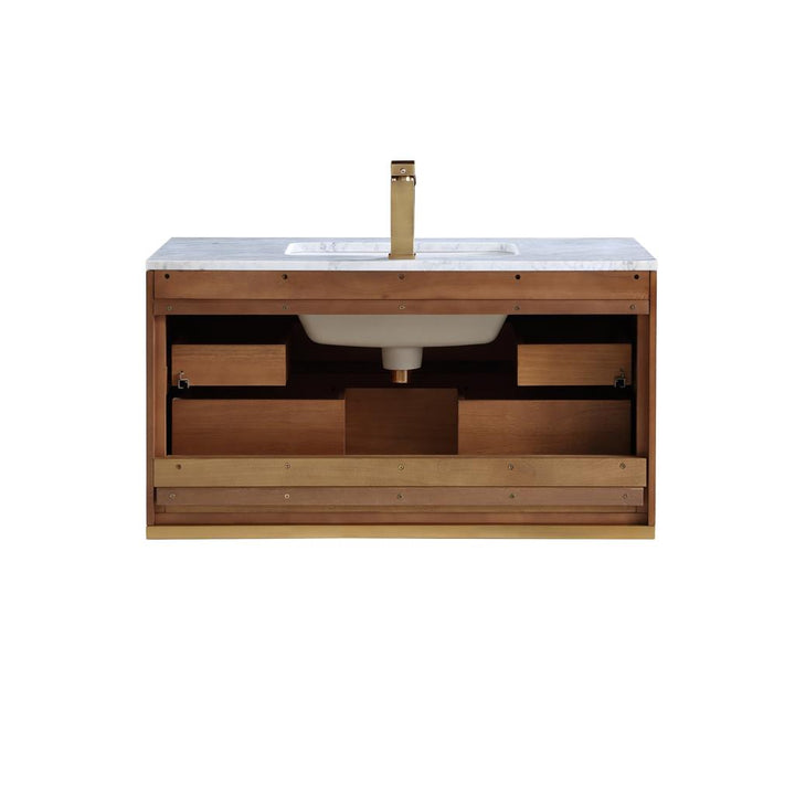 Bemma, Terra 36" Single Floating Vanity, Walnut/Satin Brass, Carrara Marble Top#top-options_carrara-marble-top