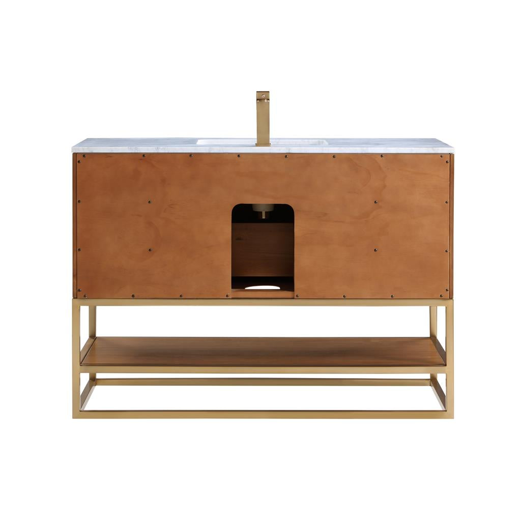 Bemma, Terra 48" Single Vanity, Walnut/Satin Brass, Carrara Marble Top#top-options_carrara-marble-top