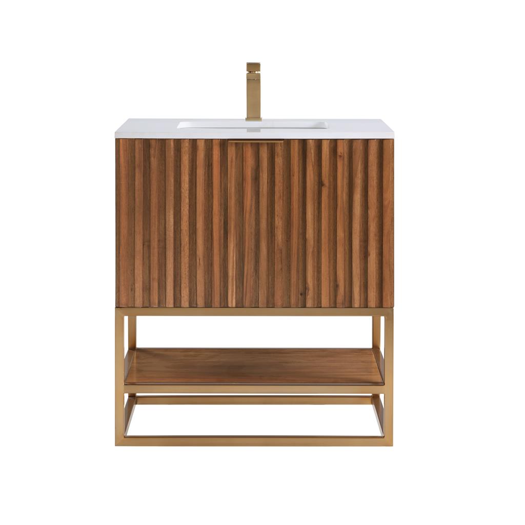Bemma, Terra 30" Single Vanity, Walnut/Satin Brass, White Quartz Top#top-options_white-quartz-top