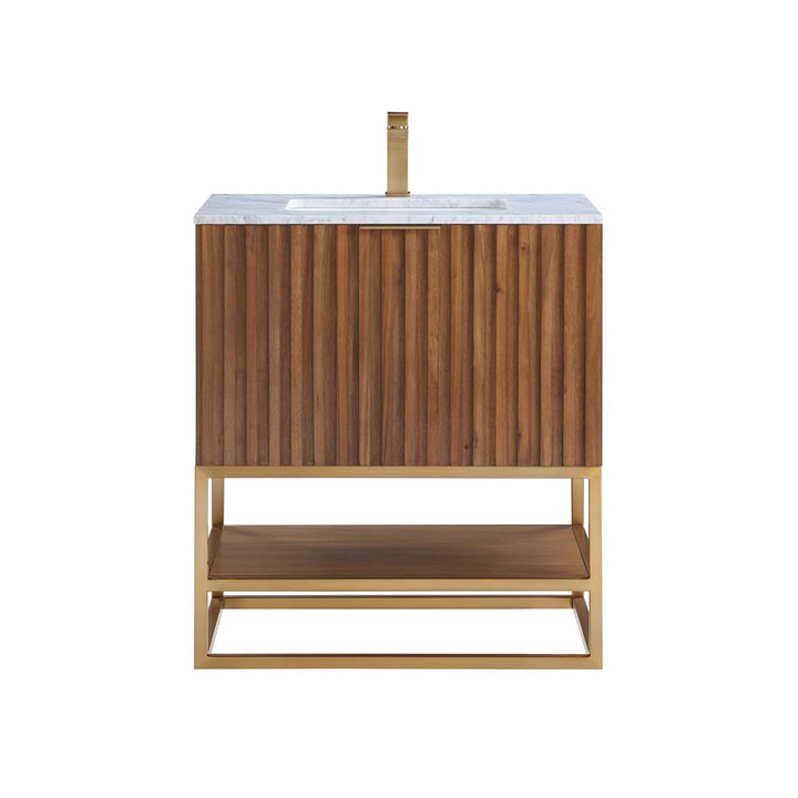 Bemma, Terra 30" Single Vanity, Walnut/Satin Brass, Carrara Marble Top#top-options_carrara-marble-top
