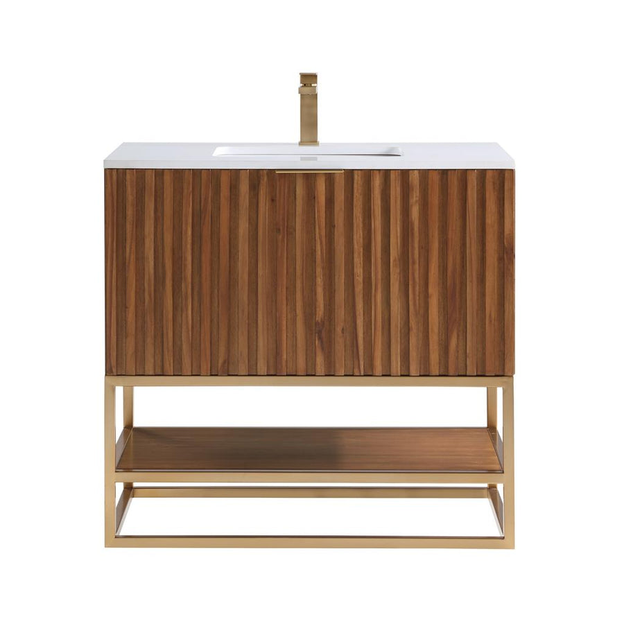 Bemma, Terra 36" Single Vanity, Walnut/Satin Brass, White Quartz Top#top-options_white-quartz-top