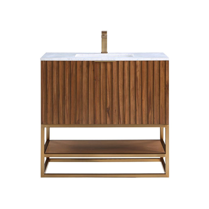 Bemma, Terra 36" Single Vanity, Walnut/Satin Brass, Carrara Marble Top#top-options_carrara-marble-top