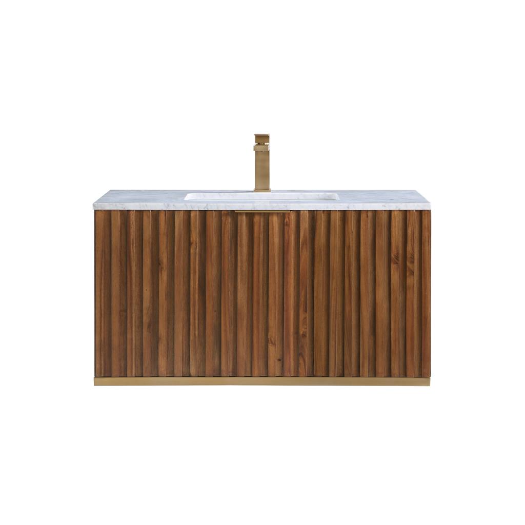 Bemma, Terra 36" Single Floating Vanity, Walnut/Satin Brass, Carrara Marble Top#top-options_carrara-marble-top