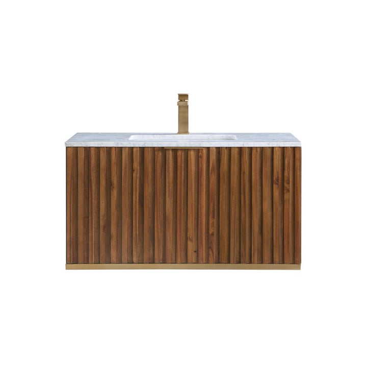 Bemma, Terra 36" Single Floating Vanity, Walnut/Satin Brass, Carrara Marble Top#top-options_carrara-marble-top
