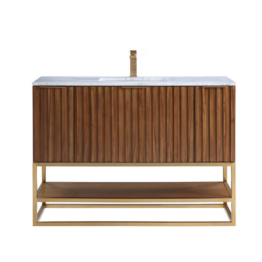 Bemma, Terra 48" Single Vanity, Walnut/Satin Brass, Carrara Marble Top#top-options_carrara-marble-top