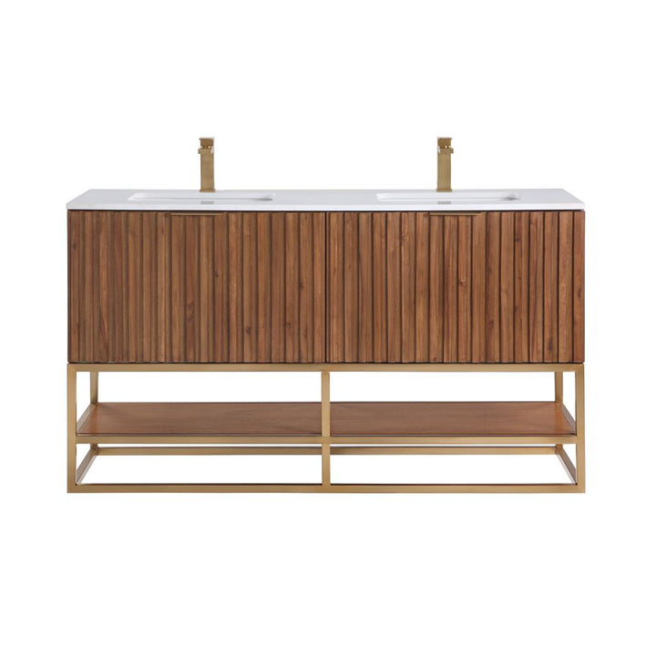 Bemma, Terra 60" Double Vanity, Walnut/Satin Brass, White Quartz Top#top-options_white-quartz-top