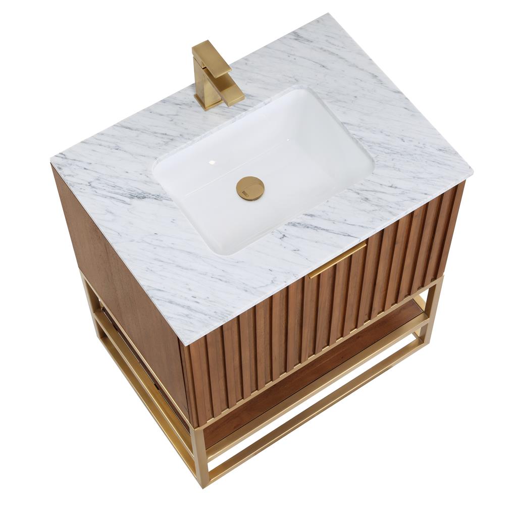 Bemma, Terra 30" Single Vanity, Walnut/Satin Brass, Carrara Marble Top#top-options_carrara-marble-top