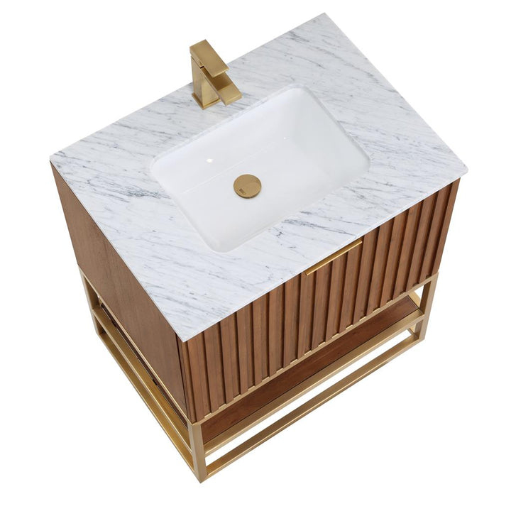Bemma, Terra 30" Single Vanity, Walnut/Satin Brass, Carrara Marble Top#top-options_carrara-marble-top