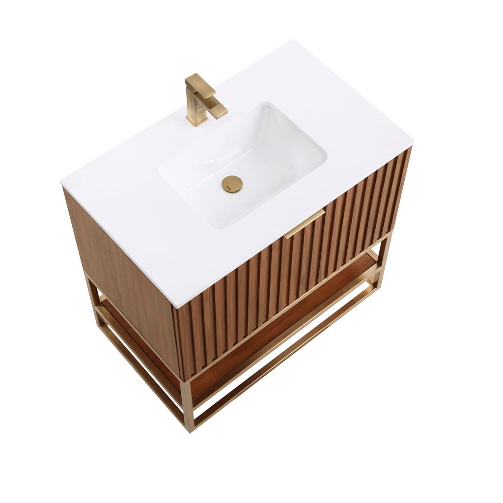 Bemma, Terra 36" Single Vanity, Walnut/Satin Brass, White Quartz Top#top-options_white-quartz-top